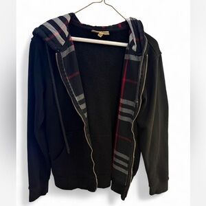 Burberry Black Zip Up Sweater with Red and Gray Accents